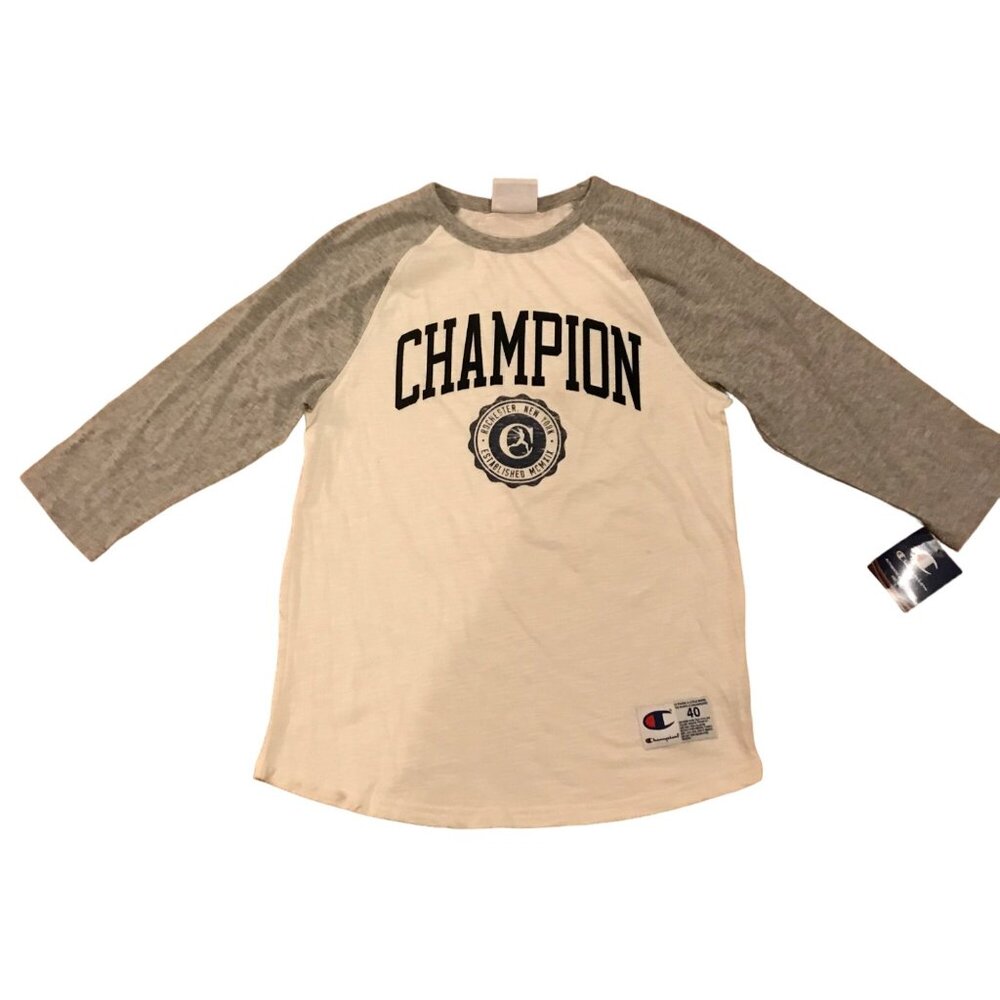 Champion Mens Baseball Raglan Tee 3/4 Sleeve Gray & White Size M